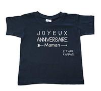 DSTNY T-Shirt Enfant Joyeux Anniversaire Maman Je t'aime + prénom à Personnaliser Bleu Marine 1-2 Ans