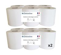 DSTOCK60 - Bobines Essuie-Mains à Dévidage Central - Papier 2 Plis - 450 Feuilles 20x20 cm - Ø17cm - Mandrin Prédécoupé 6,5cm - Rouleau Hauteur 20cm (x 2 colis = 12 rouleaux)