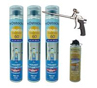 DSTOCK60 - Lot de 3 mousses expansives pistolables 750 ml + 1 Nettoyant Mousse + 1 pistolet - Mousse polyuréthane professionnelle - Isole, colle et rebouche - Extérieur et intérieur