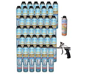 DSTOCK60 - LOT DE 36 MOUSSES PISTOLABLES + 1 PISTOLET + 1 NETTOYANT - MOUSSE EXPANSIVE 750 ML - MOUSSE POLYURÉTHANE PROFESSIONNELLE - ISOLE, COLLE ET REBOUCHE - EXTÉRIEUR ET INTÉRIEUR