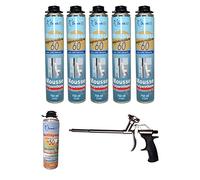 DSTOCK60 - LOT DE 5 MOUSSES PISTOLABLES + 1 PISTOLET + 1 NETTOYANT - MOUSSE EXPANSIVE 750 ML - MOUSSE POLYURÉTHANE PROFESSIONNELLE - ISOLE, COLLE ET REBOUCHE - EXTÉRIEUR ET INTÉRIEUR