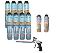 DSTOCK60 - LOT DE 8 MOUSSES PISTOLABLES + 1 PISTOLET + 2 NETTOYANTS - MOUSSE EXPANSIVE 750 ML - MOUSSE POLYURÉTHANE PROFESSIONNELLE - ISOLE, COLLE ET REBOUCHE - EXTÉRIEUR ET INTÉRIEUR