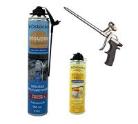 DSTOCK60 - Pack de 1 Mousse expansive Manuelle et pistolable 750 ML + 1 Nettoyant Mousse + 1 Pistolet - Mousse polyuréthane Professionnelle - Isole, Colle et rebouche - Extérieur et intérieur