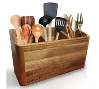 Dstuff Organiseur d'ustensiles de cuisine pour comptoir ou comptoir, grand porte-ustensiles en bois pour ranger la cuisine et l'argenterie avec 3 compartiments, récipient en bois d'acacia rustique