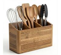Dstuff Organiseur d'ustensiles de cuisine pour comptoir ou comptoir, grand porte-ustensiles en bois pour ranger la cuisine et l'argenterie avec 3 compartiments, récipient en bois d'acacia rustique