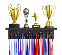 DSVENROLY Porte-médailles, étagère pour trophées, étagère en Bois Robuste avec 25 Crochets en Acier, Support Mural pour médailles de Course et trophées
