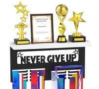 DSVENROLY Présentoir à médailles avec étagère en bois pour trophées, support mural pour dossard de course avec 2 crochets métalliques, support de rangement pour récompenses pour les fans de sport