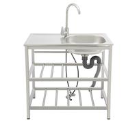 DSYOGX Évier de cuisine sur pied en acier inoxydable avec robinet pour l'extérieur, 75 x 40 x 78 cm, ensemble complet avec unité de vidange pour arrière-cours, jardins et extérieur