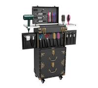 DSYOGX Mallette de coiffeur professionnelle avec 3 étages et couvercle supérieur pour coiffeur à 4 niveaux avec 4 roulettes à 360° pour salon de coiffure, salon de beauté Noir