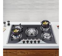 DSYOGX Plaque de cuisson à gaz, 5 feux, encastrable, LPG/NG, 77 cm, noire, avec allumage automatique par batterie, vitrocéramique, pour la maison, les restaurants, les hôtels