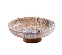 DTACBNEUZ Bol à fruits en verre texturé avec base en bois, plat décoratif pour servir fruits, apéritifs et vaisselle (transparent, grand)