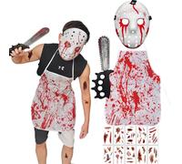 DTAOZFA Costume de tueur en série - Costume d'Halloween pour homme - Costume d'horreur pour homme - Masque de , tronçonneuse - Tablier - Autocollant de tatouage pour Halloween - Costume