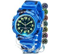DTKID Montre analogique étanche à 7 lumières colorées pour enfants de 5 à 18 ans avec bracelet en caoutchouc souple facile à lire, cadran et leçons de temps pour enfants de 5 à 18 ans (camouflage bleu