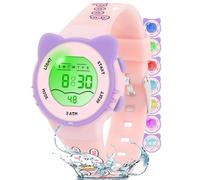 DTKID Montre Enfant Garcon Fille, Montre Digitale Enfant 7 Lumières Colorées, Chronomètre, Affichage de Date et Semaine, Mode 12/24H, 30M Étanche