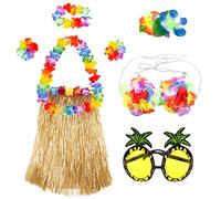 Dtoterul Costume de Hula Hawaïen 8 Pièces Deguisement Hawai Robe de Soirée Hawaïenne Jupe Hula Hawaiian Hula Herbe Jupe Ensemble Hawaiian Hula Grass Skirt Deguisement Hawaienne Femme