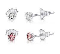 DTPsilver® 2 PAIRES de MINI Boucles d'Oreilles/Clous en Argent Fin 925 et Cristaux de Swarovski® Elements Ronds - Diamètre: 3 mm - 1 Paire Cristal Clair + 1 Paire de la Couleur de votre Choix