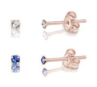 DTPsilver - 2 PAIRES de * MINI * Boucles d'oreilles/Clous en Argent Fin 925 Plaqué Or Rose et Cristaux de Swarovski® Elements Ronds - Diamètre: 2 mm - Couleur: Cristal Clair + Saphir Bleu