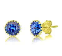 DTPsilver - Boucles d'oreilles/Clous en Argent Fin 925 Plaqué Or Jaune et Cristaux de Swarovski® Elements Ronds - Diamètre: 6 mm - Couleur: Saphir Bleu