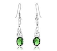 DTPsilver - Boucles d'oreilles Crochets Pendantes en Argent Fin 925 - Noeud de la Trinité "Triquetra" - Collection Celtique - Vert Émeraude