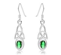 DTPsilver - Boucles d'oreilles Crochets Pendantes en Argent Fin 925 - Noeud de la Trinité "Triquetra" - Collection Celtique - Vert Émeraude