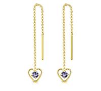 DTPsilver® Boucles d'oreilles Pendantes à chaîne en Argent Fin 925 Plaqué Or Jaune et Coeur avec 3 mm Cristaux de Swarovski® Elements Ronds - Couleur: Tanzanite