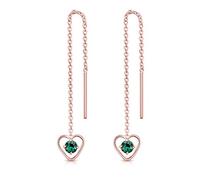 DTPsilver® Boucles d'oreilles Pendantes à chaîne en Argent Fin 925 Plaqué Or Rose et Coeur avec 3 mm Cristaux de Swarovski® Elements Ronds - Couleur: Emeraude