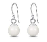 DTPsilver® Boucles d'Oreilles Pendantes à Crochet en Argent Fin 925 et Perles Rondes Nacrées de Cristaux de Swarovski® Elements - Diamètre: 8 mm - Blanc Perlé