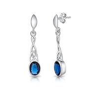 DTPsilver - Boucles d'oreilles Pendantes en Argent Fin 925 - Fermoir Poussette - Noeud de la Trinité "Triquetra" - Collection Celtique - Bleu Saphir