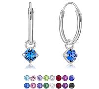 DTPsilver® Boucles d'oreilles PETITES Créoles en Argent Fin 925 avec petit Pendentif 3 mm Cristaux de Swarovski® Elements Ronds - Épaisseur 1.2 mm - Diamètre: 12 mm - Couleur: Saphir Bleu