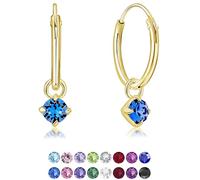 DTPsilver® Boucles d'oreilles PETITES Créoles en Argent Fin 925 Plaqué Or Jaune avec petit Pendentif 3 mm Cristaux de Swarovski® Elements Ronds - Diamètre: 14 mm - Couleur: Saphir Bleu