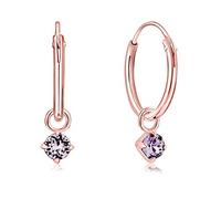 DTPsilver® Boucles d'oreilles PETITES Créoles en Argent Fin 925 Plaqué Or Rose avec petit Pendentif 3 mm Cristaux de Swarovski® Elements Ronds - Diamètre: 14 mm - Choix de Différentes couleurs