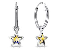 DTPsilver® PETITES Boucles d'oreilles Créoles en Argent 925 Pendantes et Étoiles en Cristaux de Swarovski® Elements - Créoles Diamètre 14 mm - Étoiles: 7 mm - Couleur: Aurore Boréale