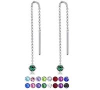 DTPsilver® PETITES Boucles d'oreilles Pendantes à chaîne Barre en Argent Fin 925 avec 3 mm Cristaux de Swarovski® Elements Ronds - Couleur: Emeraude