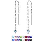 DTPsilver® PETITES Boucles d'oreilles Pendantes à chaîne Barre en Argent Fin 925 avec 3 mm Cristaux de Swarovski® Elements Ronds - Couleur: Aigue-Marine