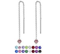 DTPsilver® PETITES Boucles d'oreilles Pendantes à chaîne Barre en Argent Fin 925 avec 3 mm Cristaux de Swarovski® Elements Ronds - Couleur: Rose Clair