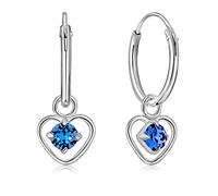 DTPsilver® PETITES Créoles en Argent Fin 925 et Coeur avec 3 mm Cristaux Ronds - Épaisseur 1.5 mm - Diamètre: 14 mm - Couleur: Saphir Bleu