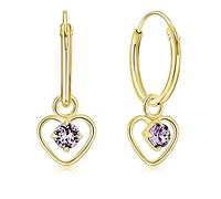 DTPsilver® PETITES Créoles en Argent Fin 925 Plaqué Or Jaune et Coeur avec 3 mm Cristaux de Swarovski® Elements Ronds - Épaisseur 1.5 mm - Diamètre: 14 mm - Couleur: Violet