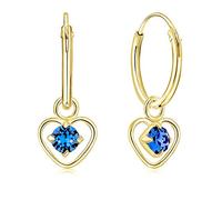 DTPsilver® PETITES Créoles en Argent Fin 925 Plaqué Or Jaune et Coeur avec 3 mm Cristaux de Swarovski® Elements Ronds - Épaisseur 1.5 mm - Diamètre: 14 mm - Couleur: Saphir Bleu