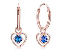 DTPsilver® PETITES Créoles en Argent Fin 925 Plaqué Or Rose et Coeur avec 3 mm Cristaux de Swarovski® Elements Ronds - Épaisseur 1.2 mm - Diamètre: 12 mm - Couleur: Saphir Bleu