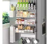 DTUQYX Lot de 7 étagères à épices magnétiques pour réfrigérateur, 100% métal, organiseur à épices de cuisine avec crochet, porte-serviettes en papier, panier à ustensiles, blanc