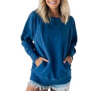 DTVKTZ Women's Ribbed Accent Pocketed Pullover Fall Batwing Sleeve Sweatshirt Oversized Crewneck with Pockets (Blue,M)
