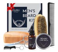 DUAIU Kit d'entretien de barbe 7 en 1 pour homme, avec huile à barbe, cire à barbe, brosse en bois, peigne à barbe, ciseaux et mini peigne - Coffret cadeau pour homme pour Noël, anniversaire cadeaux