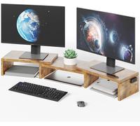 Dual Monitor Stand, Desktop PC Monitor Riser Wooden Desk Organizer Adjustable Length and Angle for Portable Monitor and PC Monitor, Dirty Wood