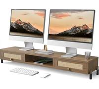 Dual Support D¿Écran Avec Porte En Rotin Grand Moniteur Stand, Pour 2 Moniteurs, Tv, Ordinateur, Ordinateur Portable, Imprimante, Ipad, Chaîne Stéréo (113×23,5×15,2) Cm, Charge De 45Kg