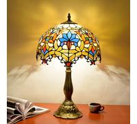 Dualbao 12 '' Lampe De Table Baroque Bleu Ambre, 16 '' Beige Orange Verre Tiffany Lampe De Table Veilleuse Vintage pour Amant Salon Chambre Chevet Table De Chevet Bureau À Domicile Famille,12‘’