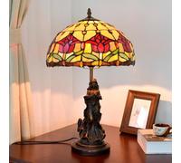 Dualbao Lampe de Table Tulipe Rouge, 12 Pouces Tiffany Style Jaune coloré Verre Tulipes Feuille Verte Bureau lumière déesse Base veilleuse Vintage pour Amant Salon Chambre Chevet Chevet Bureau,B