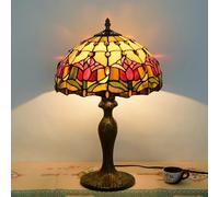 Dualbao Lampe de Table Tulipe Rouge, 12 Pouces Tiffany Style Jaune coloré Verre Tulipes Feuille Verte Bureau lumière déesse Base veilleuse Vintage pour Amant Salon Chambre Chevet Chevet Bureau,A