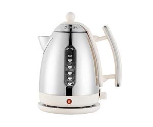 Dualit Lite Bouilloire Electrique Inox 1,5 L - Bouilloire Vintage Chromée Ultra Brillante avec Finitions Blanches - Bouilloire Design Ébullition Rapide & Sans BPA