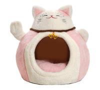 Dualoai Maison Chat Forme Chance Douillette Semi Fermée Matériau PP Coton Souple Lit Chat avec Clochette Adaptée pour Chats Chiots Animaux Maison Abri Hiver I, Pink L