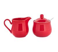 Dualoai Sucrier Pichet Crémier Céramique Ensemble Pot à Sucre avec Cuillère Couvercle Accessoires Décoratifs Élégants Adapté pour Service Café Table Cuisine C, Rouge